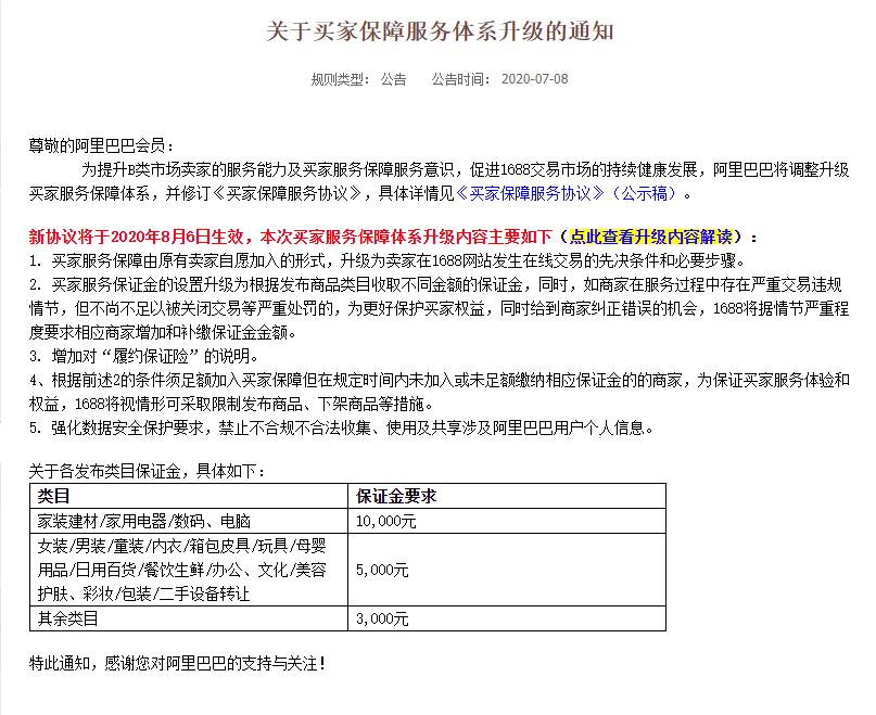 关于阿里巴巴中国站买家保障服务体系升级的通知,卖家的保证金又提升了！